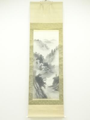 長嘉筆　水墨山水　肉筆絹本掛軸（保護箱）